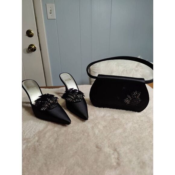 Stuart Weitzman size 6 medium Italian black satin mules with feather and rhinest